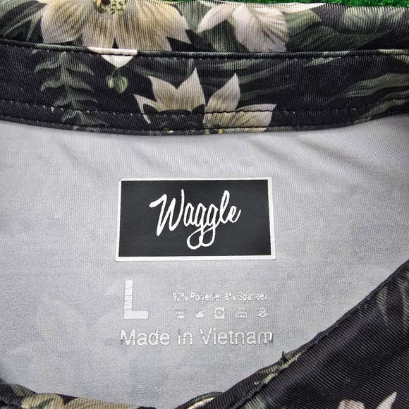Waggle Polo Shirt Mens Large Black Floral Tropical Print Golf Performance AOP - Picture 6 of 7